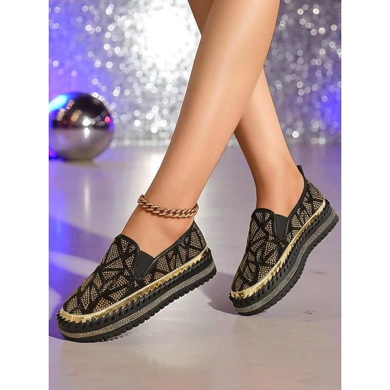 Women's Black Gold Rhinestone Slip-On Platform Loafers, Sparkly Chunky Sole Party Shoes for Nightlife & Club Outfits3