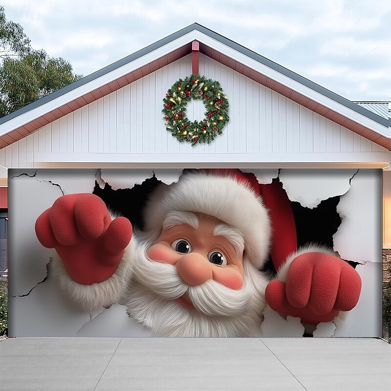 Christmas Garage Door Cover Santa Claus Breaking Through Wall Large Hanging Backdrop Outdoor Holiday Wall Banner Yard Home Festive 3D Party Decoration Seasonal Christmas Scene