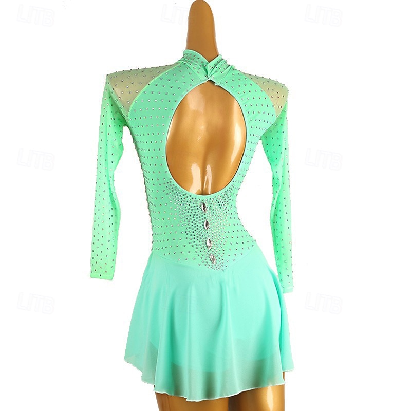 Figure Skating Dress Women's Girls' Ice Skating Dress Green Patchwork Open Back Mesh Spandex High Elasticity Training Practice Professional Skating Wear Classic Crystal / Rhinestone Long Sleeve Ice2