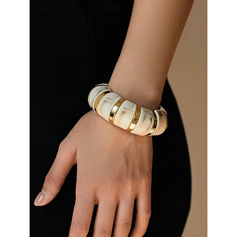 Women's Acrylic Stretch Bracelet with Gold Accents, Chunky Resin Bangle in Multiple Colors, Stylish Christmas Jewelry Gift for Parties & Holiday Outfits3