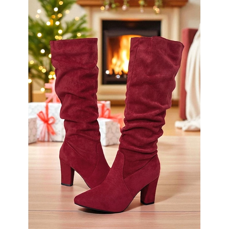 Women's Red Suede Slouch Knee High Boots with Block Heels, Chic Winter Fashion Footwear for Christmas Parties, Holiday Outfits & Daily Wear4