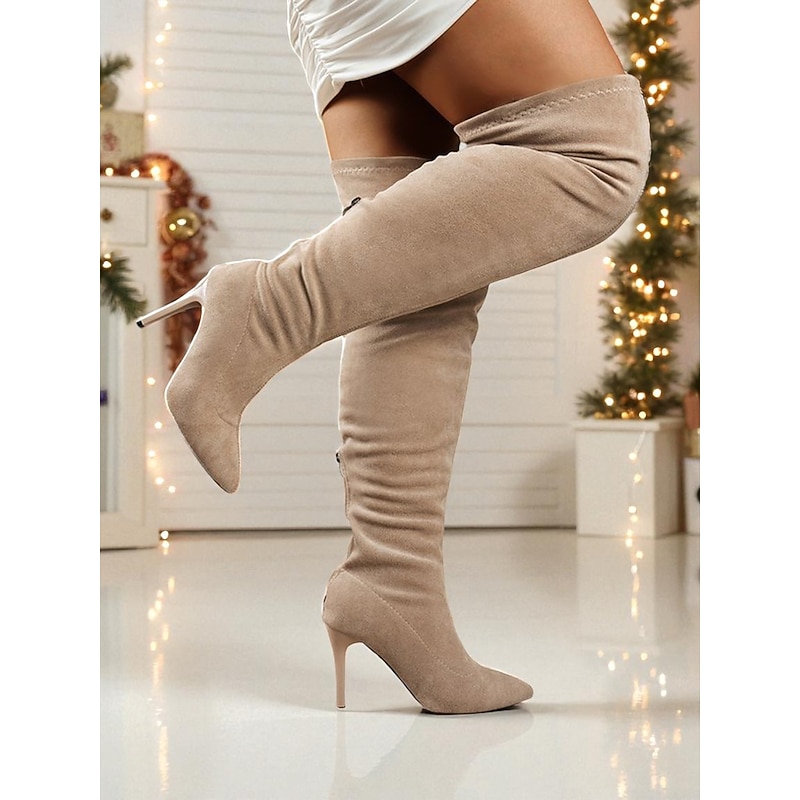 Women's Khaki Stretchy Over the Knee Boots, Pointed Toe Stiletto High Heel Thigh High Booties, Stylish Slim Fit Winter Fashion Footwear for Ladies Party, Clubwear & Evening Outfits4