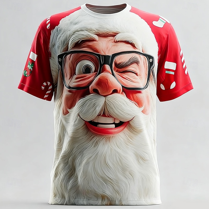 Christmas Men's Santa Claus 3D Cartoon T Shirt Short Sleeve T shirt 3D Print Crew Neck Shirt Daily Designer Artistic Vacation Party Street Red 3 Red Red 2 All Seasons Clothing Apparel S M L XL XXL3
