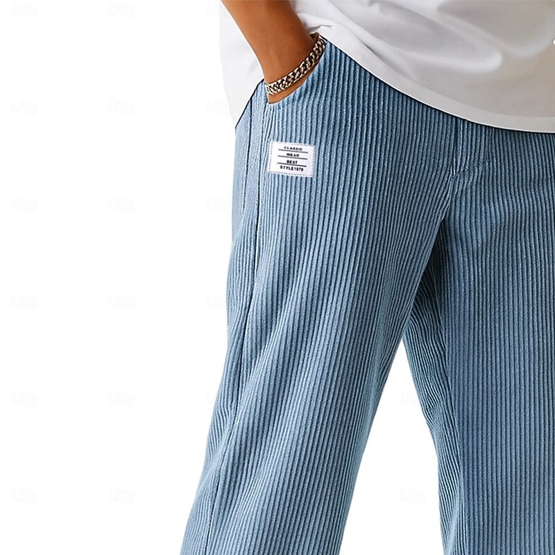 Men's Trousers Corduroy Pants Baggy Pants Straight Leg Sweatpants Drawstring Elastic Waist Solid Color Comfort Full Length Outdoor Casual Daily Fashion Chic & Modern Black Navy Blue Inelastic3