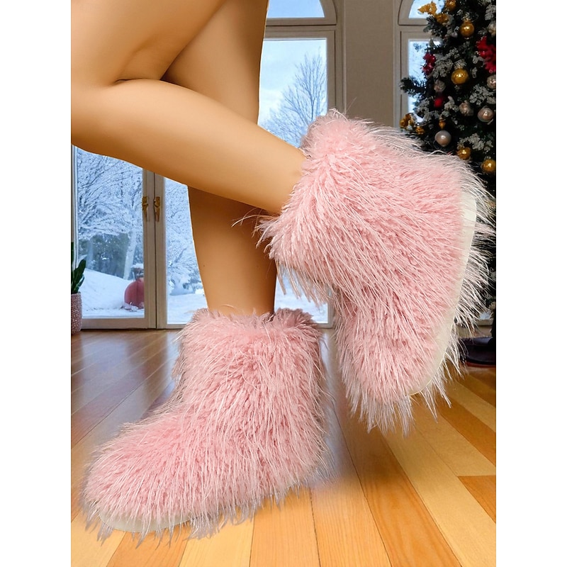 Women's Fluffy Faux Fur Snow Boots, Warm Winter Ankle Boots for Indoor & Outdoor Wear, Cozy Plush Shoes for Christmas, Ski Trips & Cold Weather
