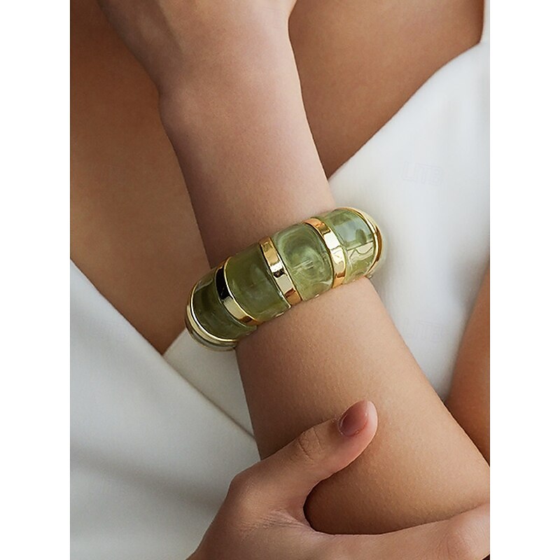 Women's Acrylic Stretch Bracelet with Gold Accents, Chunky Resin Bangle in Multiple Colors, Stylish Christmas Jewelry Gift for Parties & Holiday Outfits4
