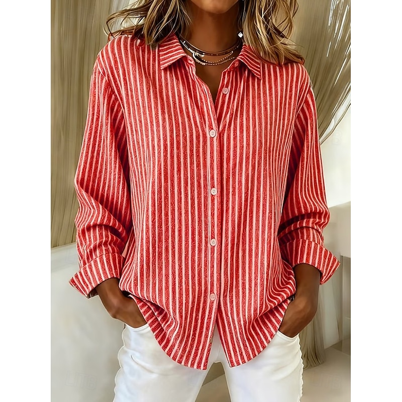 Women's Shirt Blouse Striped Vintage Stylish Casual Long Sleeve Shirt Collar Regular Tops Daily Buttons Print Red Light Brown Blue Orange Gray Spring Fall Winter