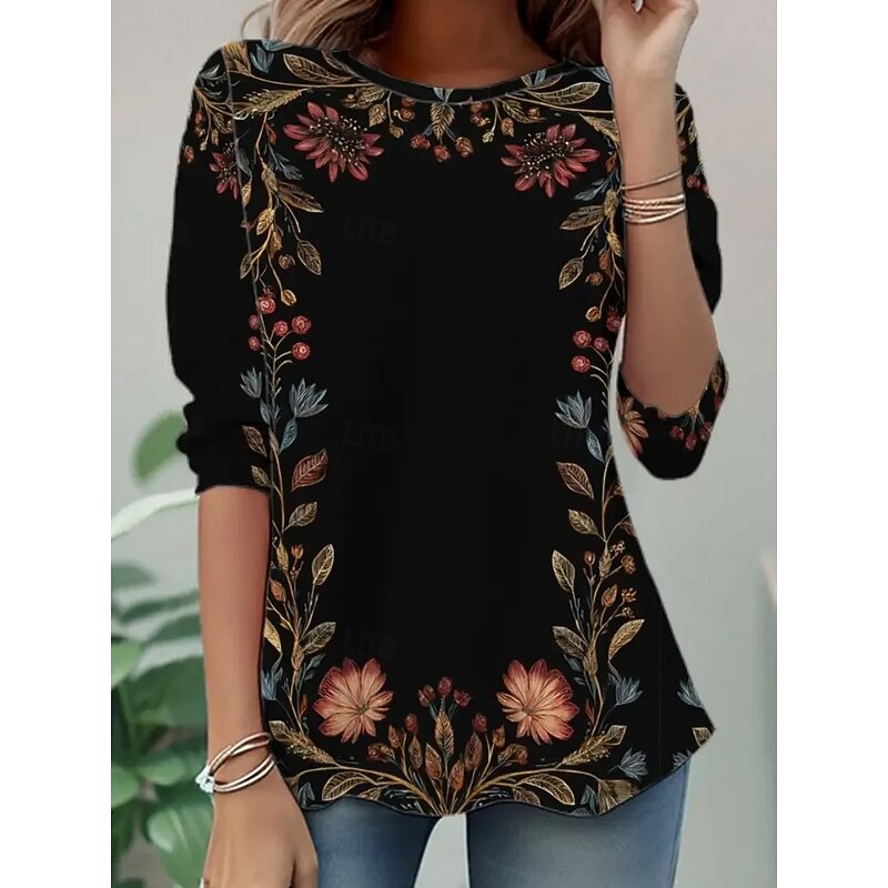 Women's T Shirt Ombre Floral Graphic Fashion Casual Long Sleeve Crew Neck Regular Tops Daily Weekend Print Black Red Blue Summer Spring Fall2