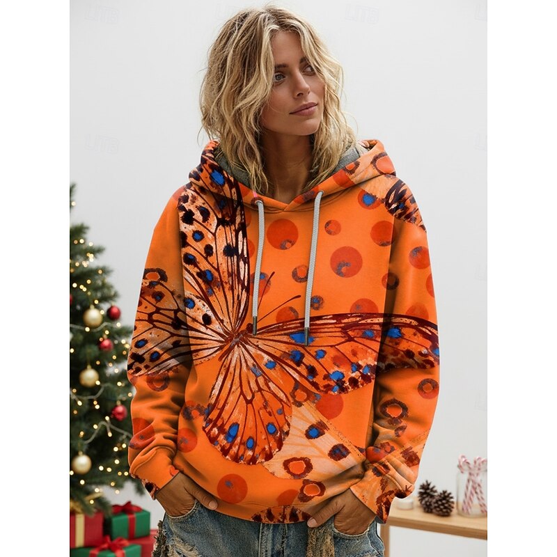 Women's Pullover Hoodies Floral Butterfly Fashion Streetwear Casual Long Sleeve Hooded Regular Tops Dailywear Casual Drawstring Print Orange Green Spring Fall Winter2