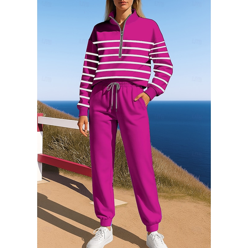 Women's Sweatshirt Tracksuit Sweatsuit Drawstring Zipper Geometric Jacket and Sweatpants Athletic Clothing Set Spring Blue Purple Casual Workout Outdoor Soft Baggy Long Sleeve Sport Activewear4