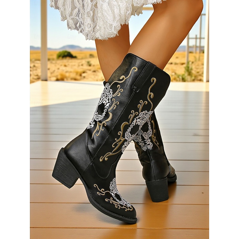 Women's Black Faux Leather Cowboy Boots with Skull Embroidered Western Design, Pointed Toe Block Heel Cowgirl Boots for Rodeo, Country Concerts & Festival Outfits4