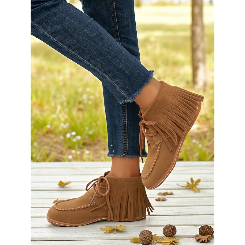 Women's Fringe Faux Suede Moccasin Boots – Retro Lace-Up Ankle Boots for Fall, Outdoor Adventures and Casual Daily Style3