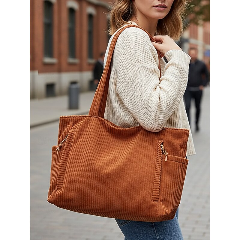 Women's Corduroy Tote Bag, Large Capacity Casual Vintage Shoulder Handbag, Lightweight Shopping Travel Work Purse for Ladies2