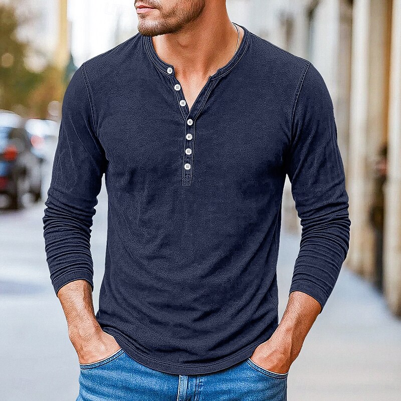 Men's T Shirt Henley Shirt Long Sleeve Shirt Long Sleeve Plain Classic Casual Muscle Button-Down Henley Street Casual Holiday Spring &  Fall All Seasons Pink Wine Navy Blue Henley T-Shirt