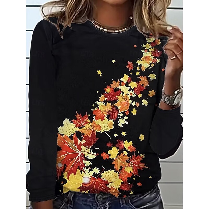 Women's T Shirt Graphic Plants Vintage Fashion Stylish Long Sleeve Crew Neck Round Neck Regular Tops Daily Weekend Print Black Yellow Orange Summer Spring Fall