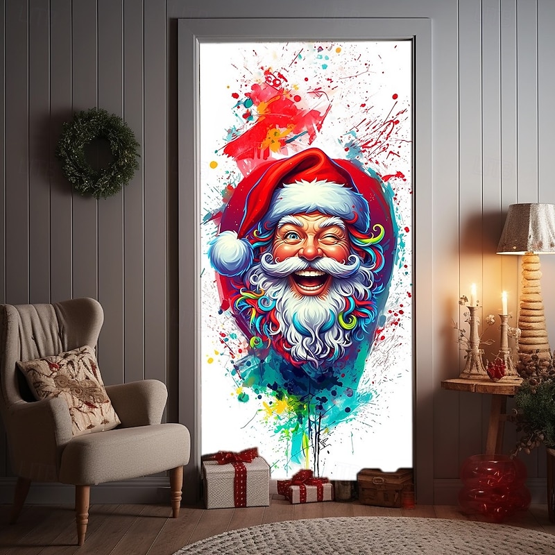 Christmas Door Cover Vibrant Holiday Decoration Drapes with Colorful Santa Claus Splash Ink Style Print for Home Entryway Living Room Bedroom Indoor Outdoor Wall Hanging Festive Winter Decor