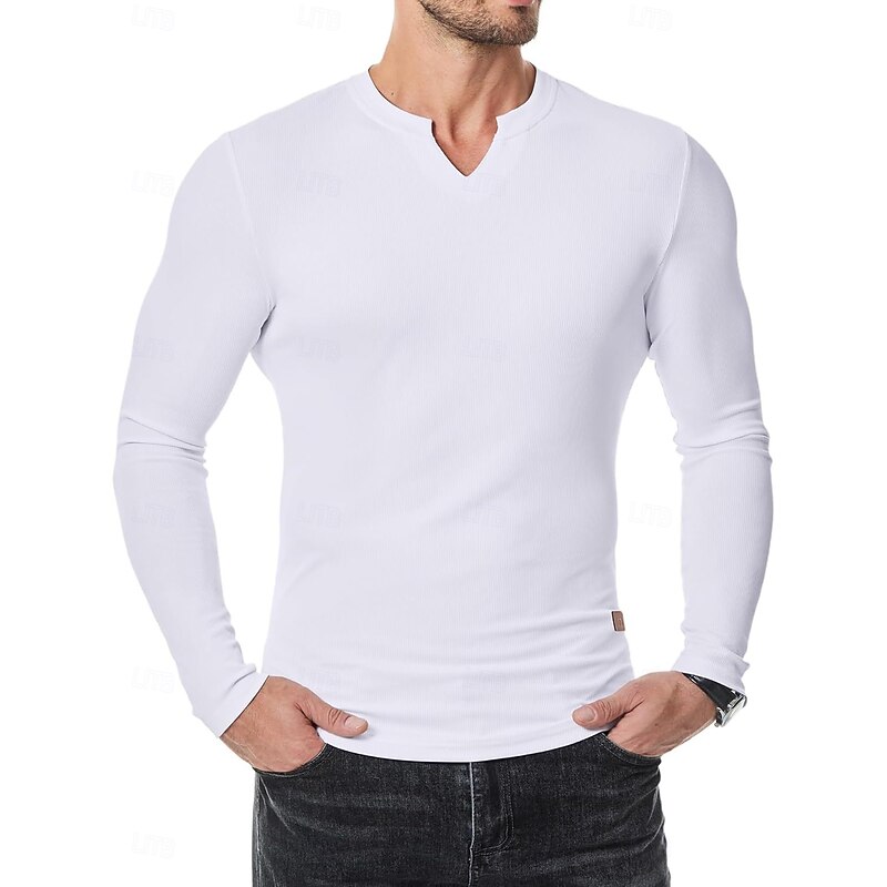 Men's Waffle T-shirt T Shirt Long Sleeve V Neck Fall Solid Color Traditional / Vintage Casual Plain Outdoor Home Sports & Outdoor Black Burgundy Navy Blue Top Tee for Men3