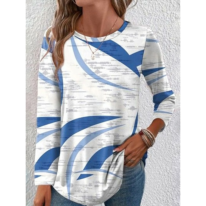 Women's T Shirt Graphic Geometric Vintage Fashion Stylish Long Sleeve Crew Neck Round Neck Regular Tops Daily Weekend Print White Blue Gray Summer Spring Fall2