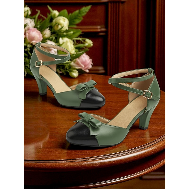 Women's Blue and Black Faux Leather Ankle Strap Heels with Bow - 1950s Vintage Retro Mary Jane Style Dress Shoes for Ladies, Perfect for Weddings, Parties & Formal Outfits2