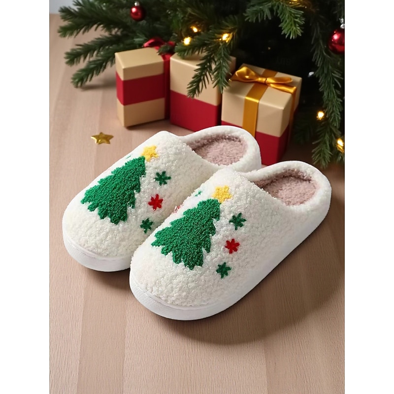 Women's White Christmas Tree Slippers with Plush Lining, Cozy Winter House Shoes for Holiday Party & Gift Giving2