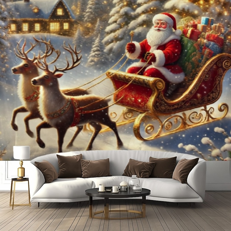 Christmas Hanging Tapestry Santa Claus with Reindeer Christmas Tree and Gift Boxes Large Wall Art Mural Decor Blanket Curtain Holiday Home Bedroom Living Room Festive Seasonal Decoration