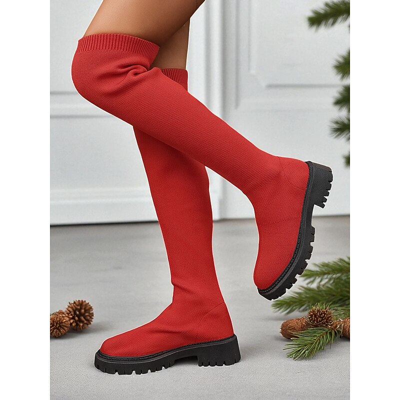 Women's Red Over-the-Knee Boots with Chunky Non-Slip Soles, Stretchy Sock Style Fashion Winter Booties for Casual Outfits, Christmas Parties & Streetwear