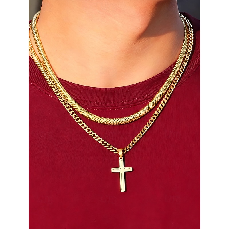Men's Stainless Steel Cross Pendant Necklace, Durable Fashion Chain Jewelry, Stylish Christian Gift for Christmas, Party & Daily Wear