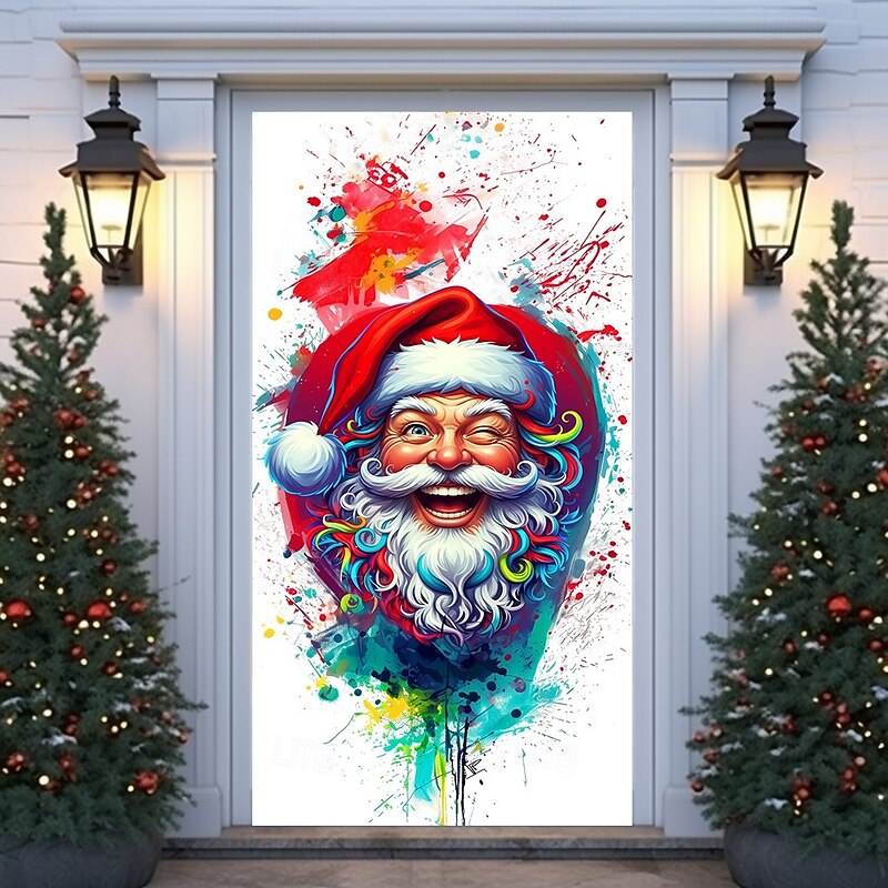 Christmas Door Cover Vibrant Holiday Decoration Drapes with Colorful Santa Claus Splash Ink Style Print for Home Entryway Living Room Bedroom Indoor Outdoor Wall Hanging Festive Winter Decor3