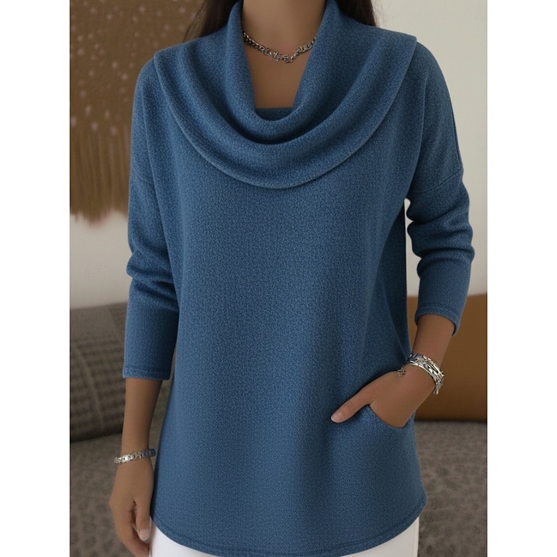 Women's Blouse Solid Color Stylish Casual Long Sleeve Cowl Neck Regular Tops Daily Ruched Pocket Red Blue Brown Spring Fall Winter