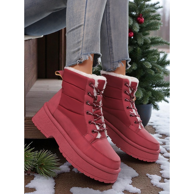 Women's Warm Fur Lined Waterproof Winter Boots, Lace-Up Platform Snow Boots with Non-Slip Sole, Fashionable Outdoor Casual Footwear for Cold Weather