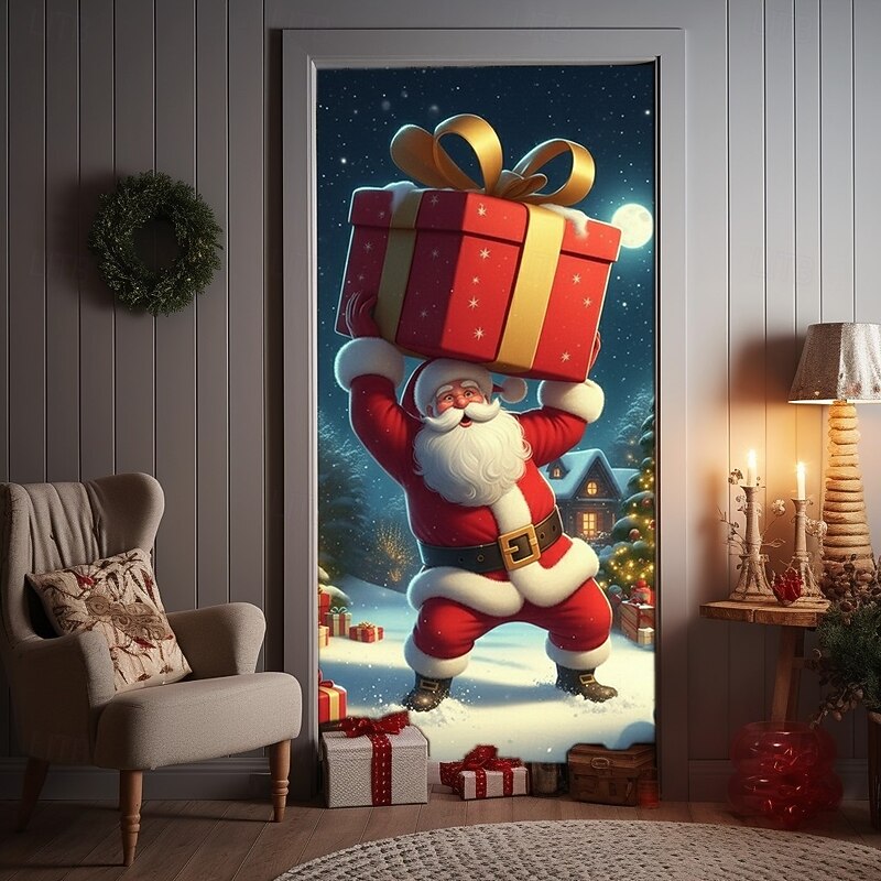 Christmas Door Cover Winter Holiday Decoration Drapes with Santa Claus Carrying Large Christmas Gift Sack Print for Home Entryway Living Room Bedroom Indoor Outdoor Festive Seasonal Home Decor2