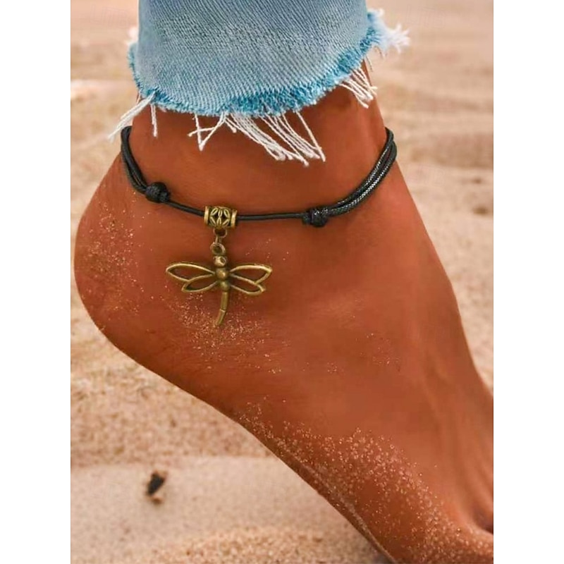 Women's Dragonfly Pendant Anklet, Adjustable Rope Bracelet with Vintage Charm, Boho Beach Foot Jewelry for Summer, Parties & Holidays2