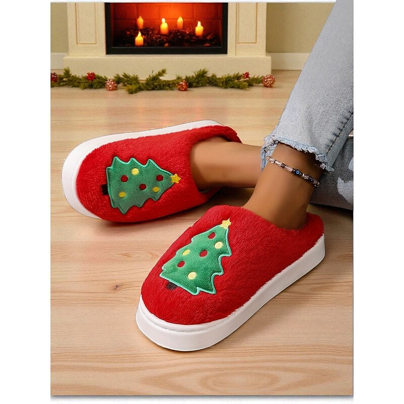 Women's Christmas Tree Plush Slippers – Warm Fleece Indoor Shoes for Winter, Holiday and Home Relaxation4