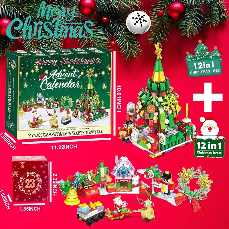 Christmas Advent Calendar Building Blocks for Kids Xmas Countdown Gift, 2025 Christmas Tree Building Toy Set with Warm Lights, 24 Days Countdown Holiday Calendar, 24-in-1 Creative Brick Set for Kids & Adults3