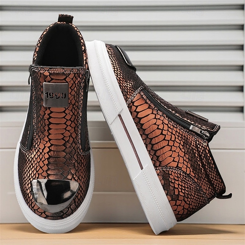 Men's Bronze Snakeskin Pattern Slip-On Sneakers with Side Zipper, Fashion Metallic Street Shoes for Club, Party and Urban Casual Wear3