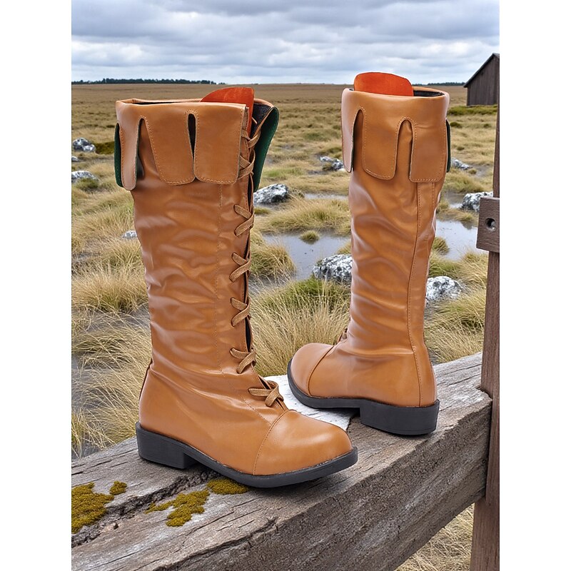 Women's Brown Faux Leather Medieval Viking Knee-High Lace-Up Boots, Retro Renaissance Costume Shoes for LARP, Cosplay, Festivals & Stage Performances2