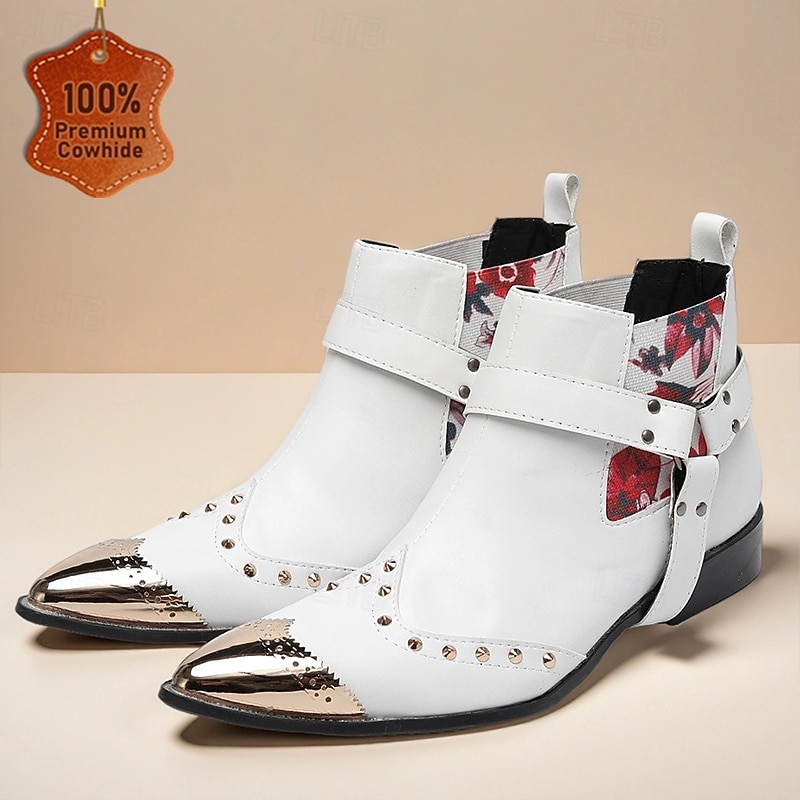 Men's White Genuine Leather Western Boots with Floral Print, Metal Studs, and Pointed Toe, 100% Cowhide Cowboy Ankle Boots for Stage, Parties and Rock Fashion