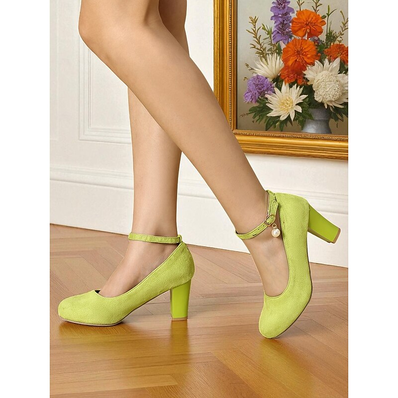 Women's Yellow Suede Block Heel Pumps with Ankle Strap and Pearl Charm - 1950s Elegant Vintage Retro Dress Shoes for Weddings, Cocktail Parties & Evening Wear3