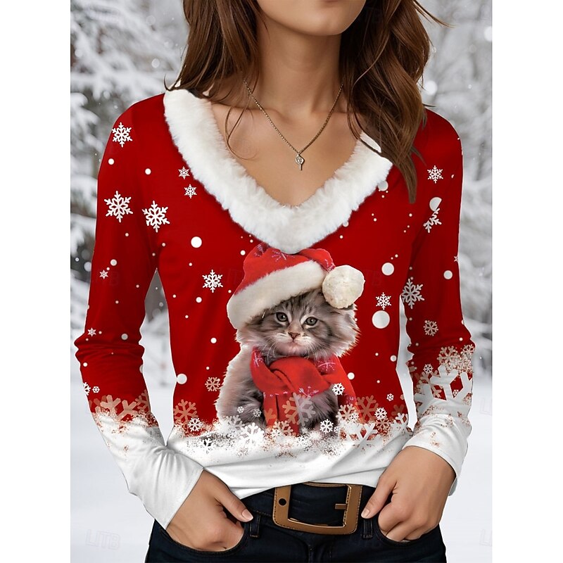 Christmas Women's Shirt Graphic Snowflake Elegant Vintage Party Long Sleeve V Neck Regular Tops Party Evening Wear Daily Holiday Glitter White and Red Green / Red Pink Red Blue Spring Fall Winter