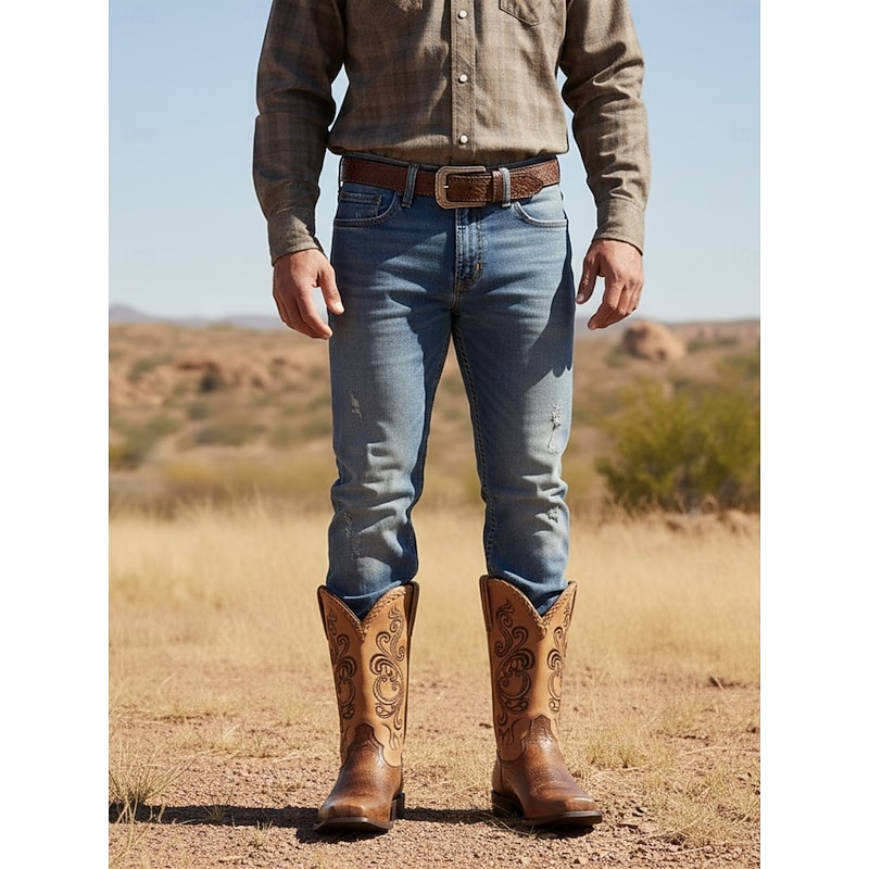 Men's Western Cowboy Boots – Brown Faux Leather with Embroidered Patterns and Crocodile Texture for Vintage Style4