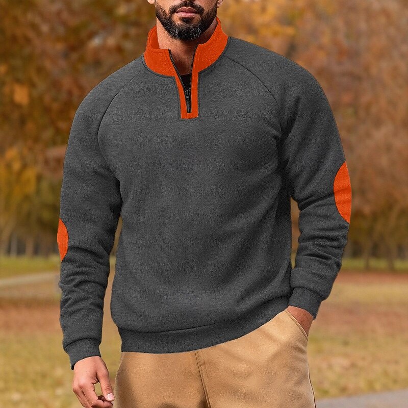 Men's Sweatshirt Pullover Quarter Zip Sweatshirt Apricot Black Navy Blue Khaki Light Grey Standing Collar Plain Patchwork Color Block Sports & Outdoor Casual Daily Streetwear Cool Sportswear Spring4