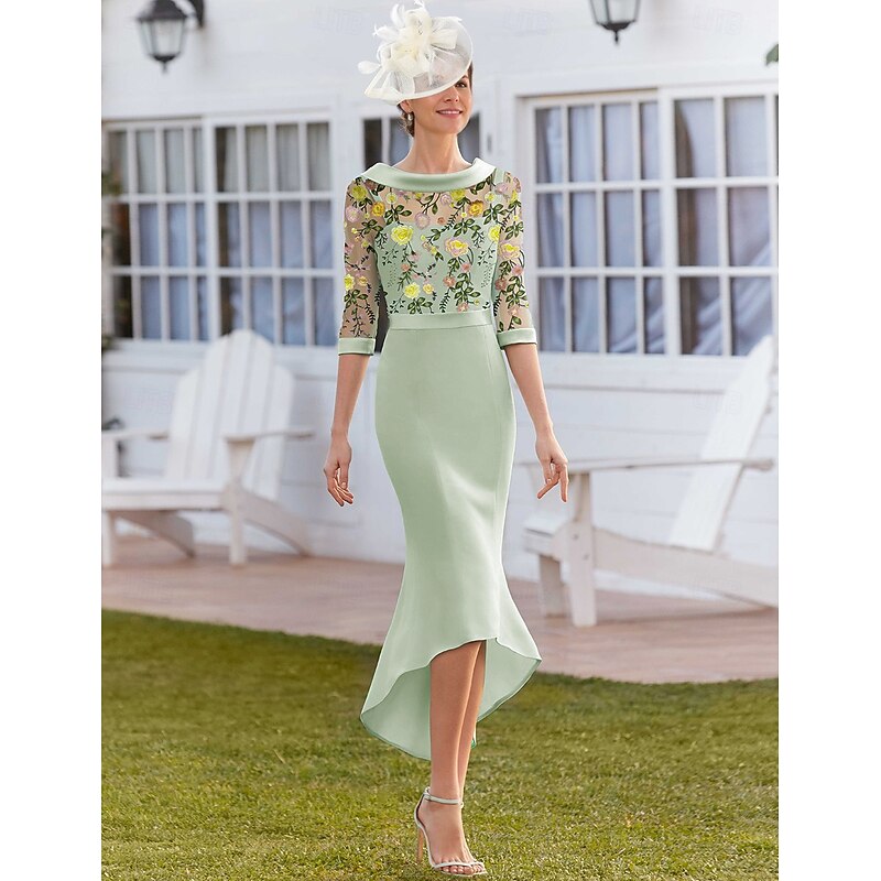 Floral Formal Lace Embroidered Mermaid Dress Mother of the Bride Dress Elegant Vintage Jewel Neck Asymmetrical Tea Length Stretch Fabric Half Sleeve Race Day Dress