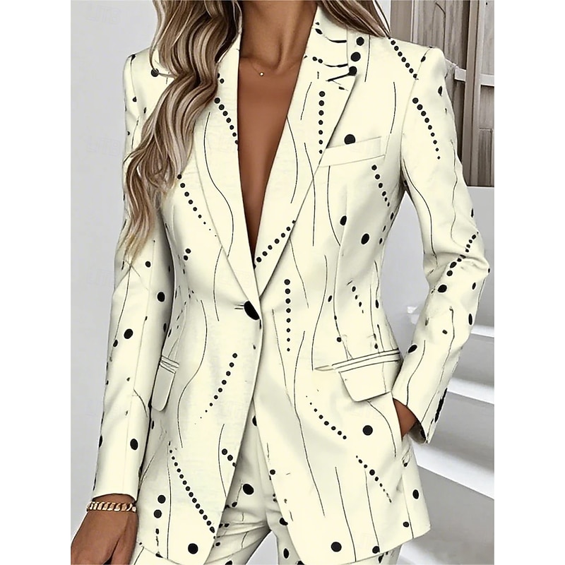 Women's Blazer Warm Pocket Buttons Daily Casual Geometric Formal Casual Short Notch Lapel Regular Fit Long Sleeve Outerwear Yellow Pink Green Spring Fall2