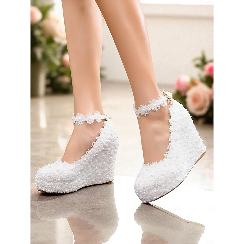 Women's White Pearl Lace Wedge Heels - Elegant Ankle Strap Platform Pumps for Weddings and Formal Occasions - Main Image