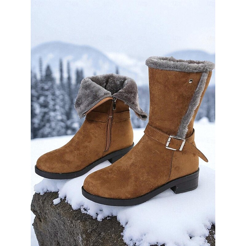 Women's Black Mid-Calf Snow Boots with Faux Fur Lining and Side Zipper, Warm Faux Suede Winter Boots with Buckle Strap for Outdoor Casual Wear