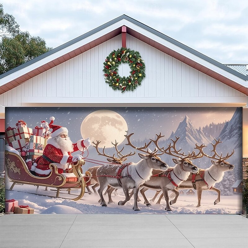 Christmas Garage Door Cover Santa Claus with Reindeer Skiing under Moonlight Large Hanging Backdrop Outdoor Holiday Wall Banner Yard Home Festive Seasonal Christmas Decoration