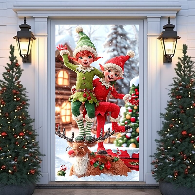 Christmas Door Cover Winter Holiday Decoration Drapes with Christmas Elf Reindeer Cozy Holiday Cabin and Christmas Tree Print for Home Entryway Living Room Bedroom Indoor Outdoor3
