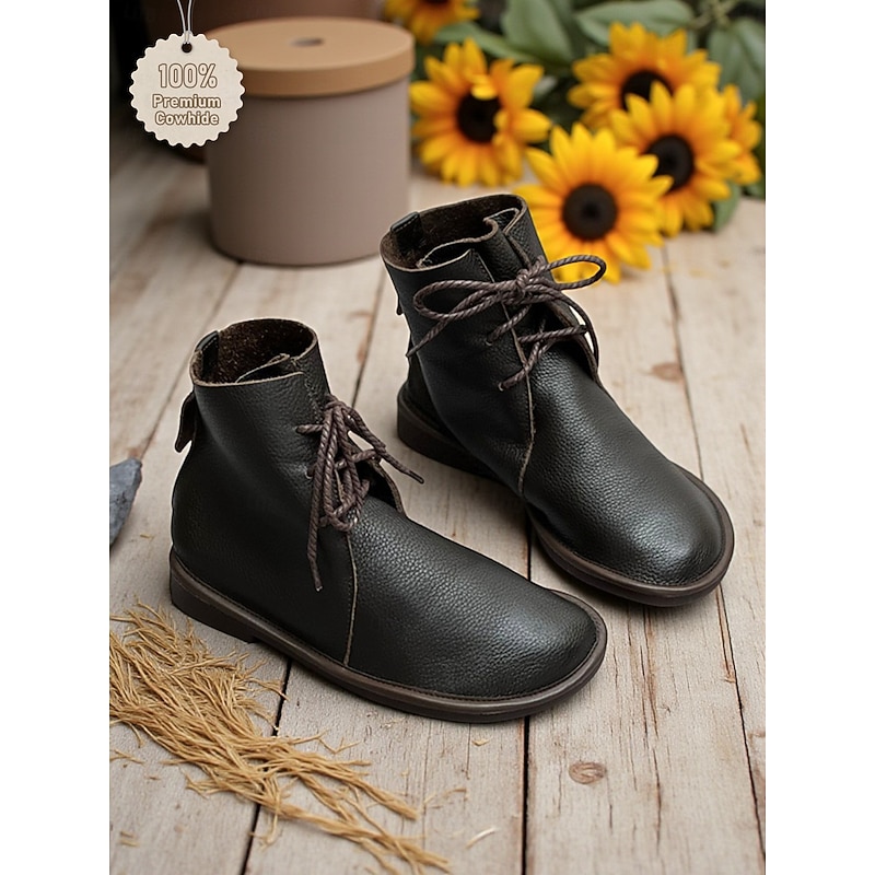 Women's Coffee Genuine Leather Lace-Up Ankle Boots, Vintage Casual Round Toe Flat Booties, Comfortable Fall & Winter Shoes for Daily Wear and Outdoor Outfits2