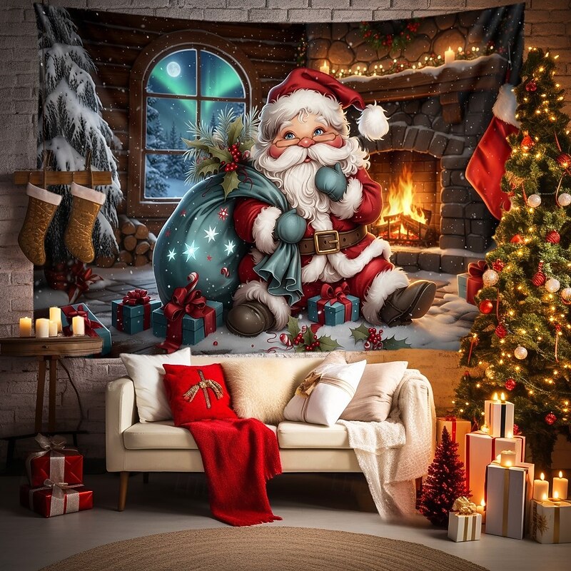 Christmas Hanging Tapestry Santa Claus with Christmas Tree Fireplace and Aurora Borealis Large Wall Art Mural Decor Blanket Curtain Holiday Home Bedroom Living Room Festive Seasonal Decoration3