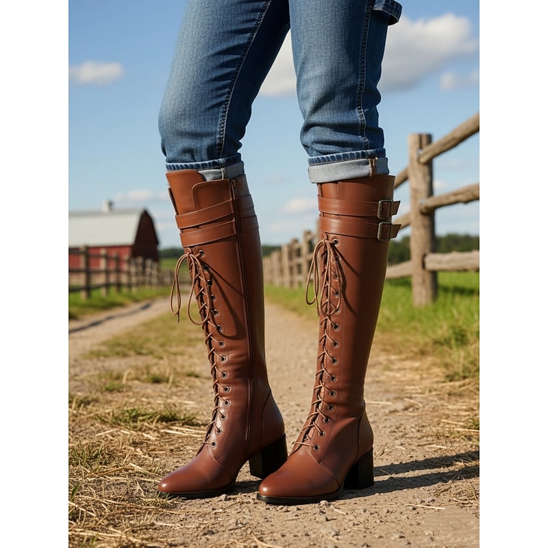 Women's Genuine Leather Knee High Boots, Premium Cowhide Material, Lace-Up and Buckle Detail, Block Heel, Urban Casual Fashion Footwear for Women3